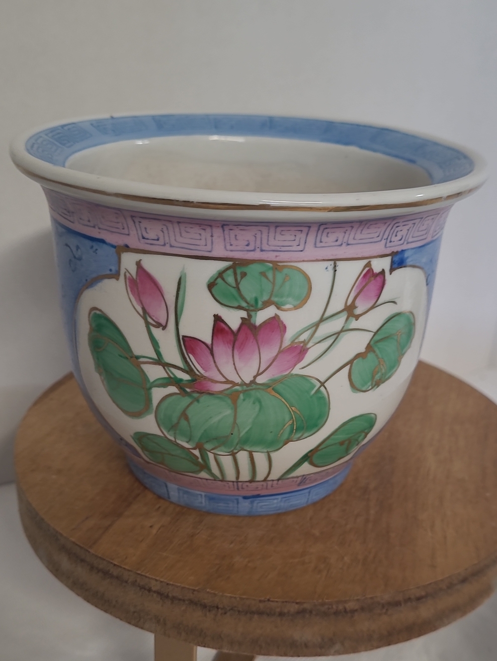 Vintage Porcelain Lotus Planter - Pink and Green Floral Home Art